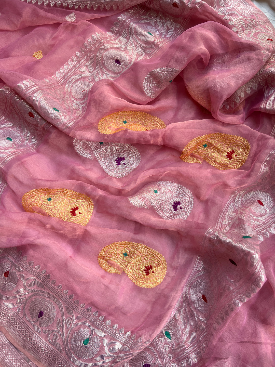 Baby Pink Pure Banarasi Chiffon Tissue Silk Saree