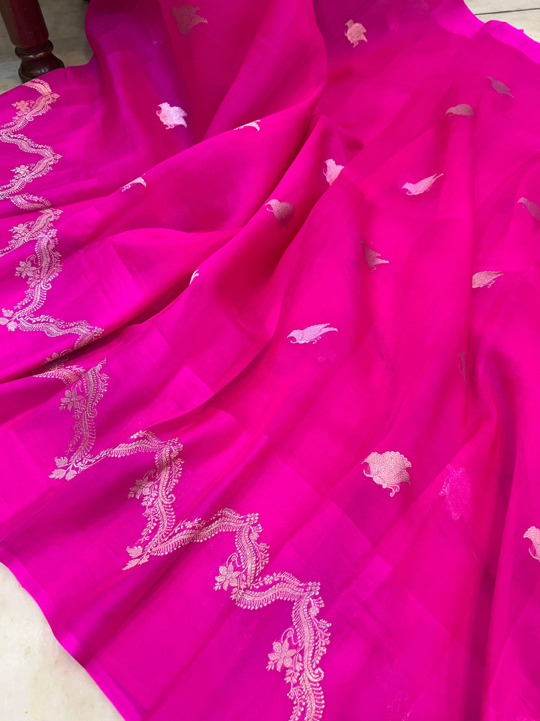 Rani Pink Banarasi Handloom Kora Silk Saree - Aura Benaras