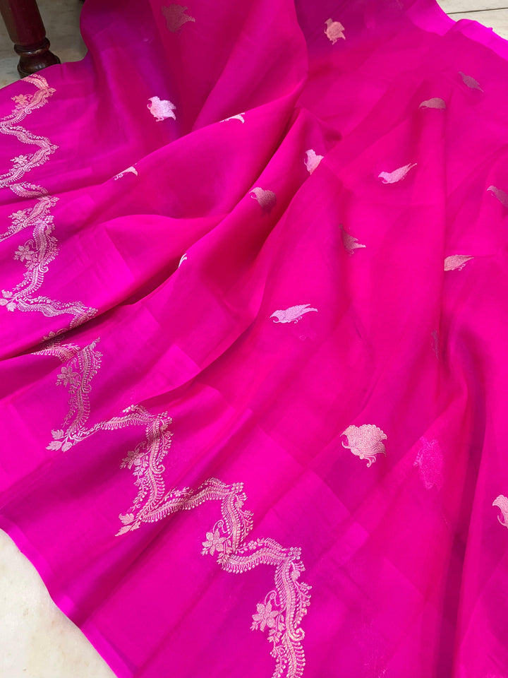 Rani Pink Banarasi Handloom Kora Silk Saree - Aura Benaras