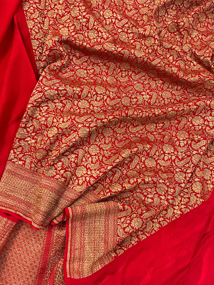 Red Pure Banarasi Khaddi Crepe Silk Saree - Aura Benaras