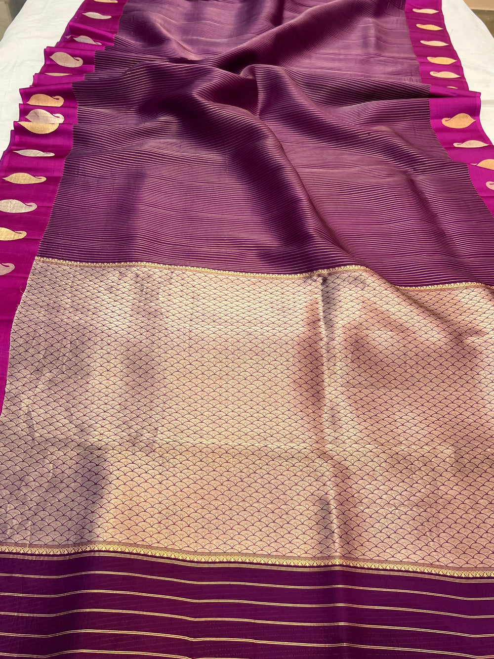 Magenta Purple Kora Silk Banarasi Saree with Mashru Border
