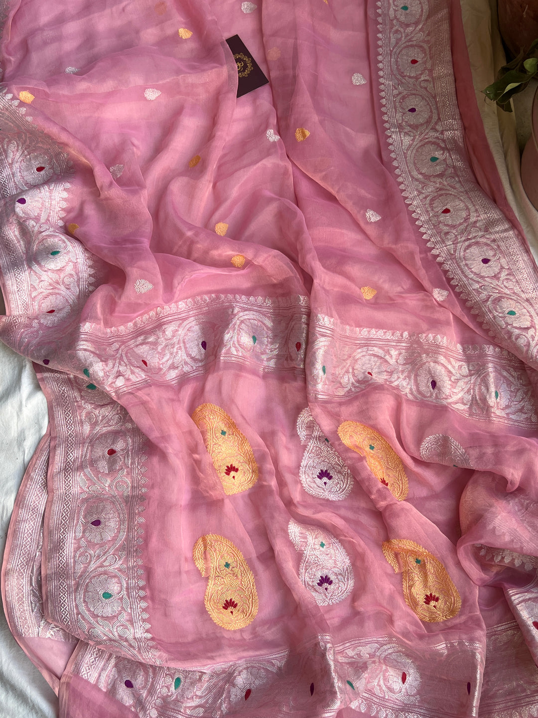 Baby Pink Pure Banarasi Chiffon Tissue Silk Saree