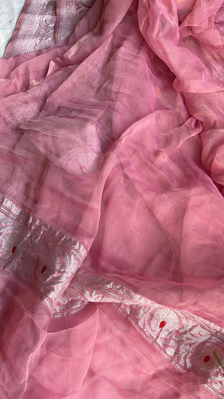 Baby Pink Pure Banarasi Chiffon Tissue Silk Saree