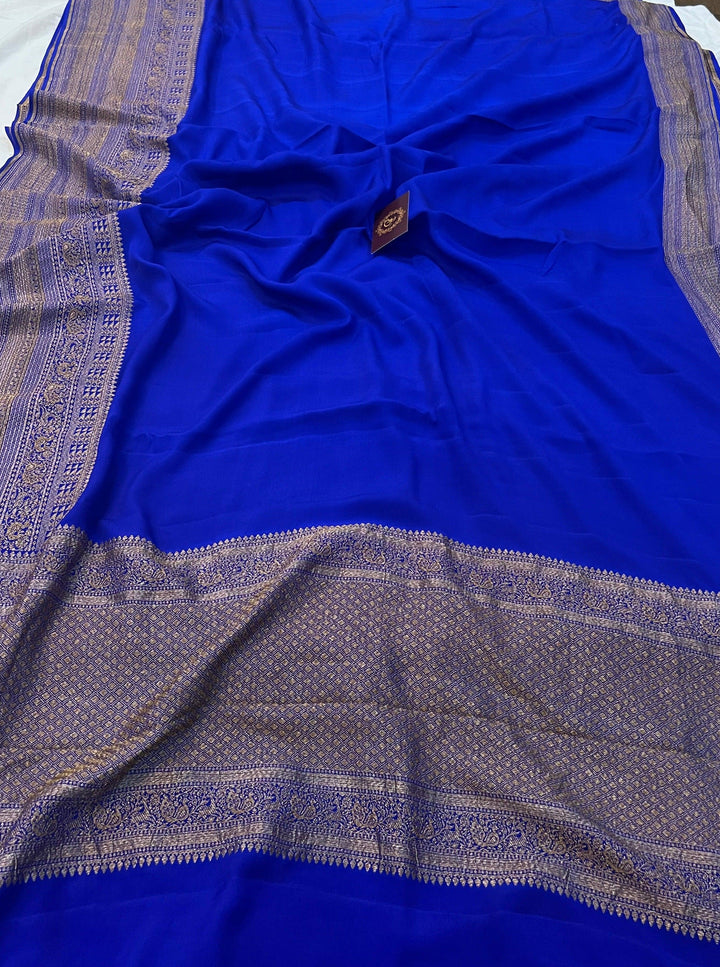 Royal Blue Pure Banarasi Khaddi Crepe Silk Saree - Aura Benaras