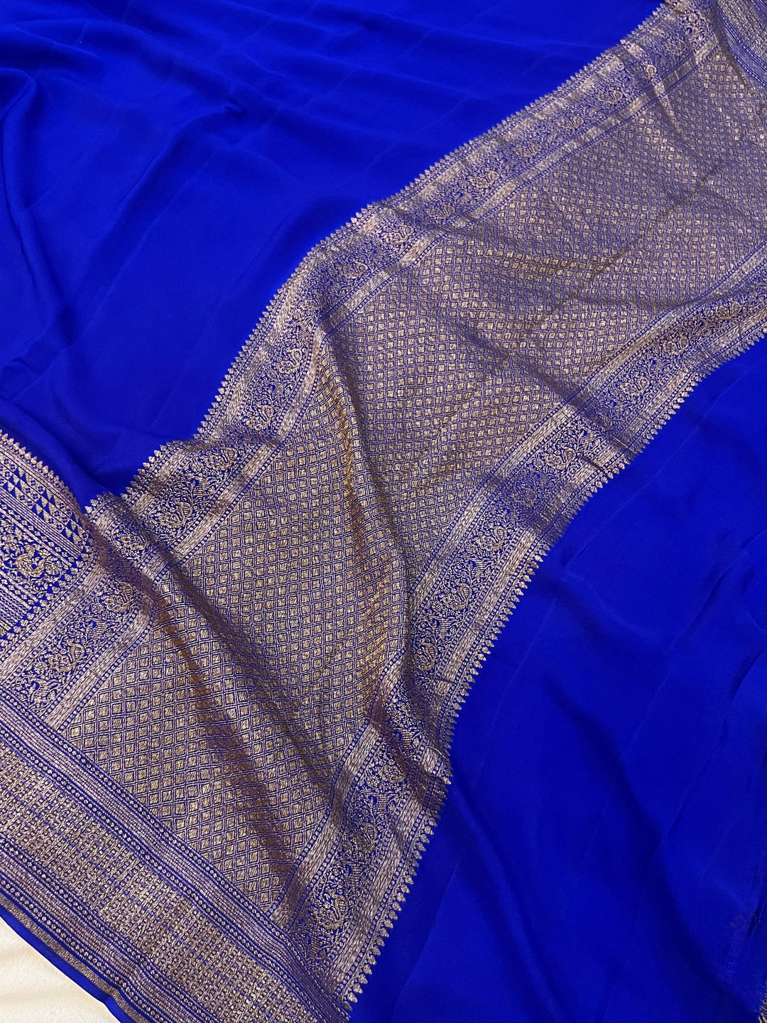 Royal Blue Pure Banarasi Khaddi Crepe Silk Saree - Aura Benaras