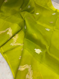 Neon Green Banarasi Handloom Kora Silk Saree - Aura Benaras