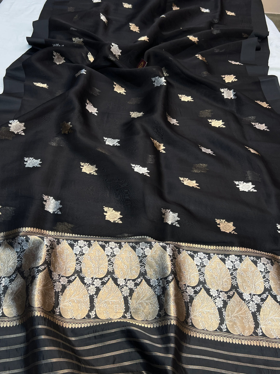 Black Kora Silk Banarasi Saree with Sona Rupa Butis 