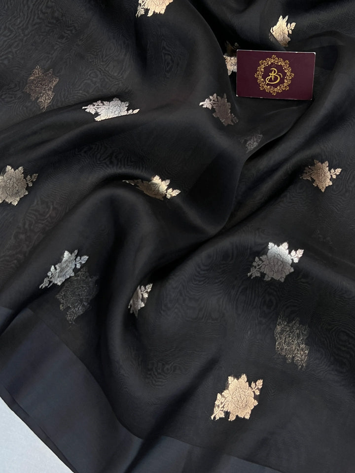 Black Kora Silk Banarasi Saree with Sona Rupa Butis 