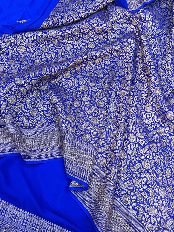 Royal Blue Pure Banarasi Khaddi Crepe Silk Saree - Aura Benaras