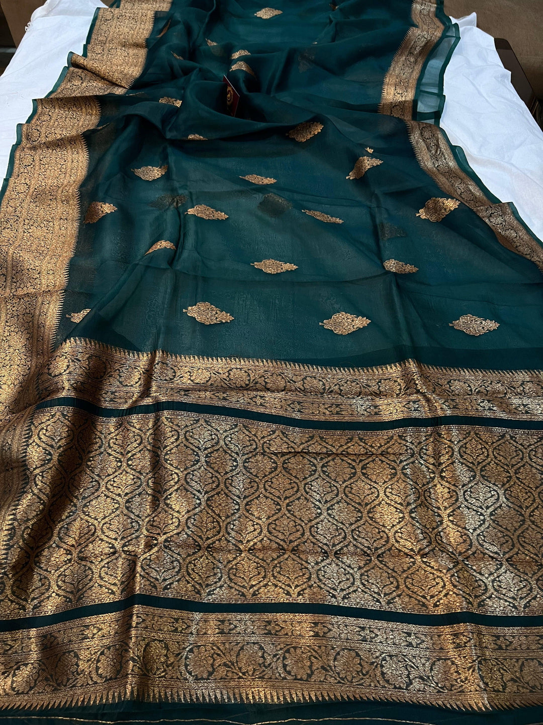 Bottle Green Banarasi Handloom Kora Silk Saree - Aura Benaras