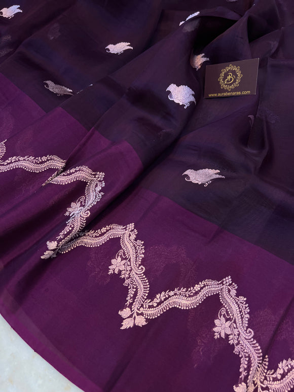 Wine Banarasi Handloom Kora Silk Saree - Aura Benaras