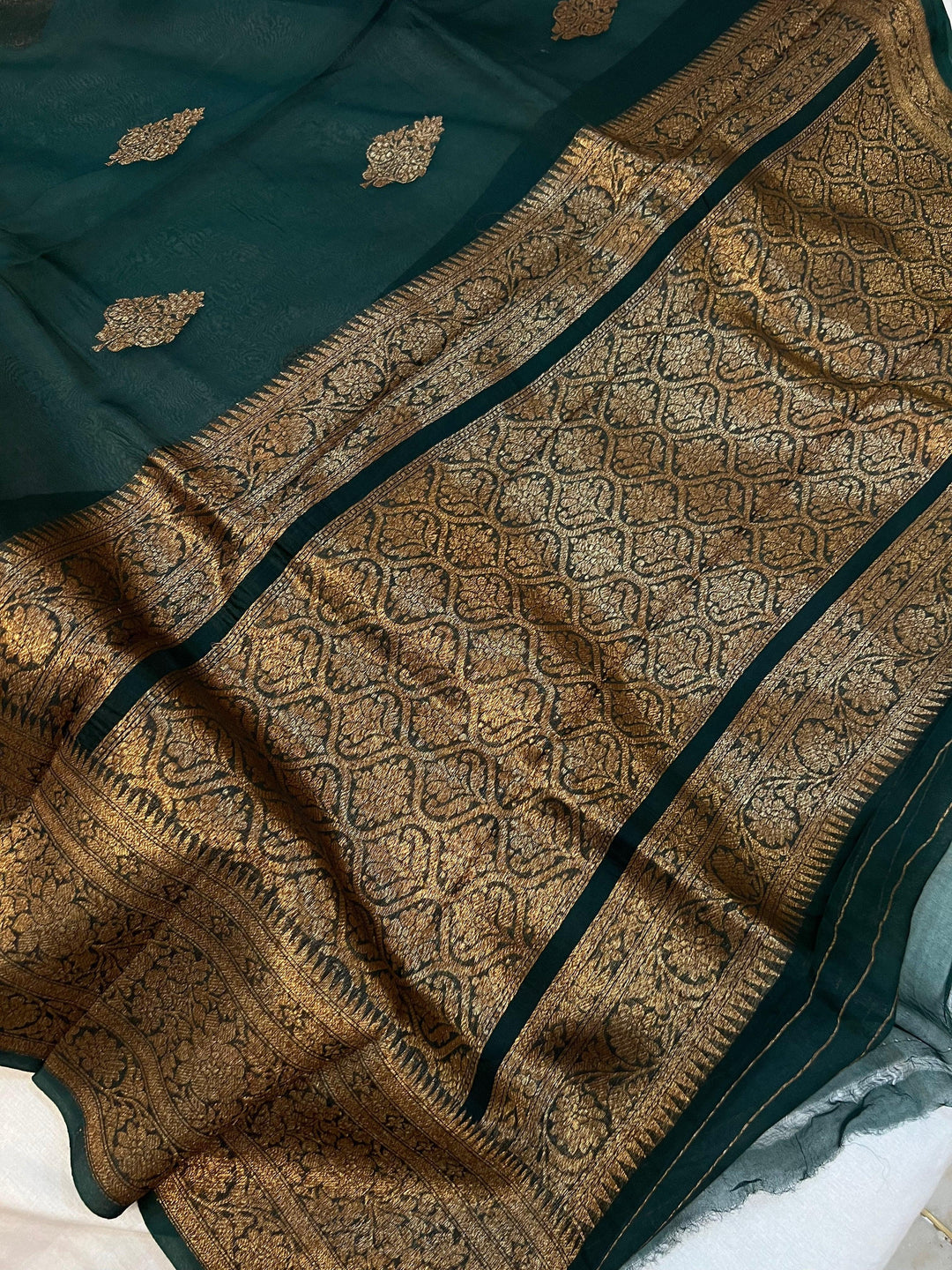 Bottle Green Banarasi Handloom Kora Silk Saree - Aura Benaras