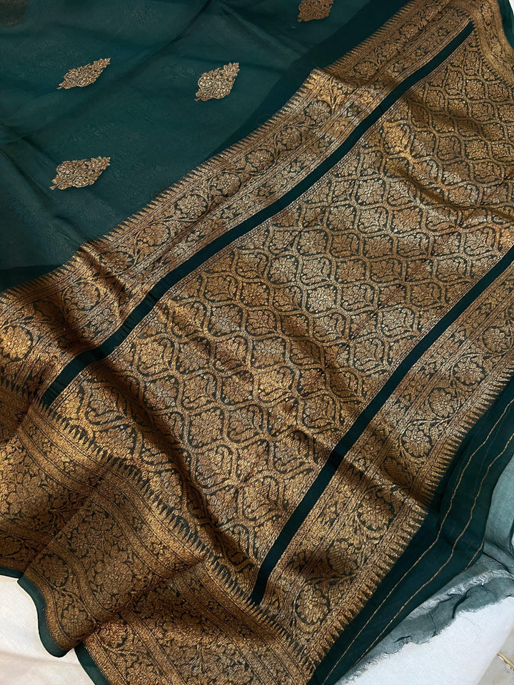 Bottle Green Banarasi Handloom Kora Silk Saree - Aura Benaras