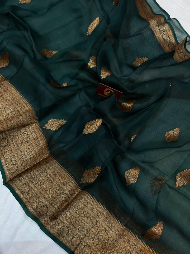Bottle Green Banarasi Handloom Kora Silk Saree - Aura Benaras