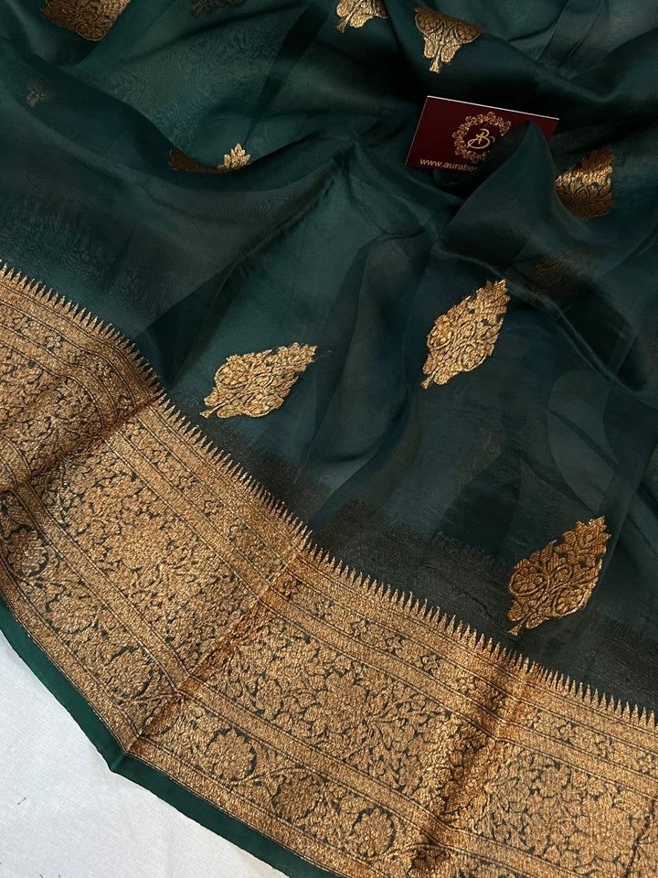 Bottle Green Banarasi Handloom Kora Silk Saree - Aura Benaras