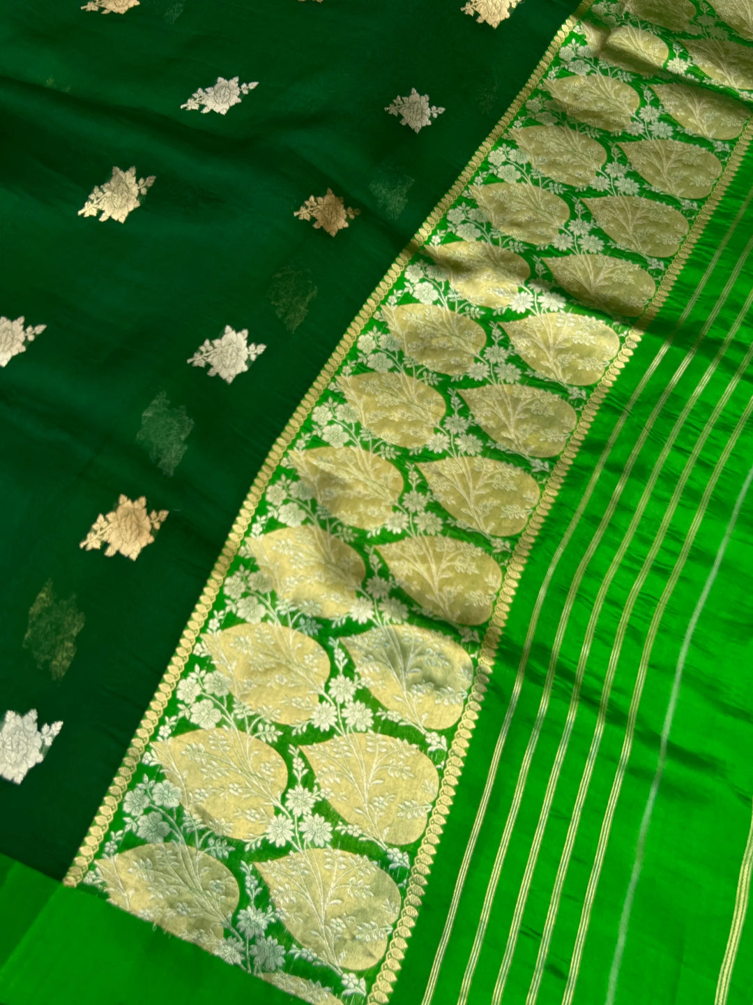 Green Kora Silk Banarasi Saree with Sona Rupa Butis 
