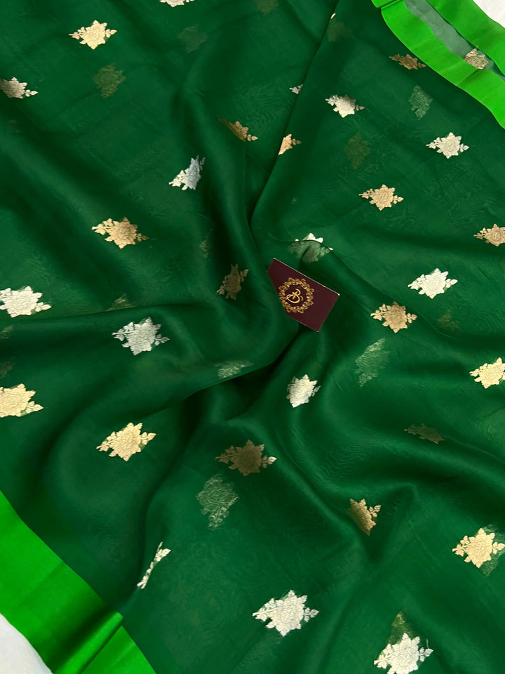Green Kora Silk Banarasi Saree with Sona Rupa Butis 