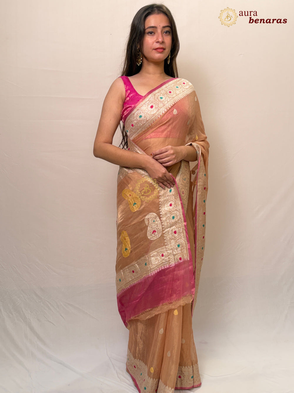 Peach Chiffon Tissue Silk Banarasi Saree with Sona Rupa