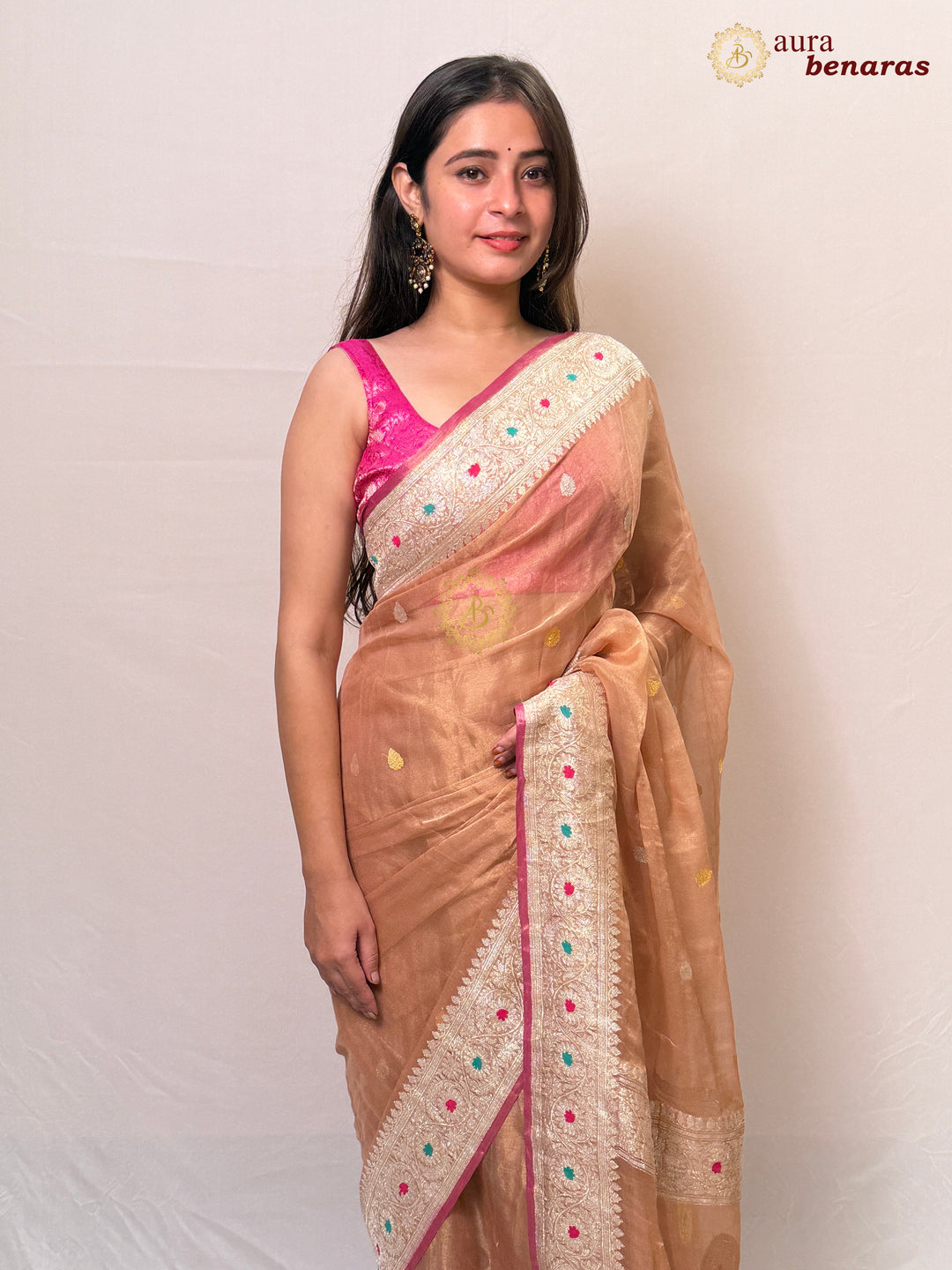 Peach Chiffon Tissue Silk Banarasi Saree with Sona Rupa