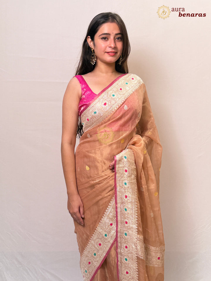 Peach Chiffon Tissue Silk Banarasi Saree with Sona Rupa