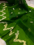 Mehendi Green Banarasi Handloom Kora Silk Saree - Aura Benaras