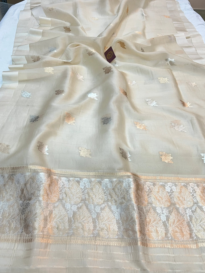 Cream Kora Silk Banarasi Saree with Sona Rupa Butis 