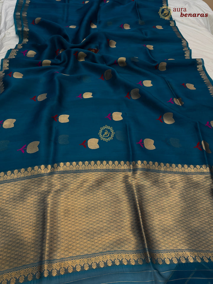 Teal Blue Kora Silk Banarasi Saree with Kadhwa Zari 