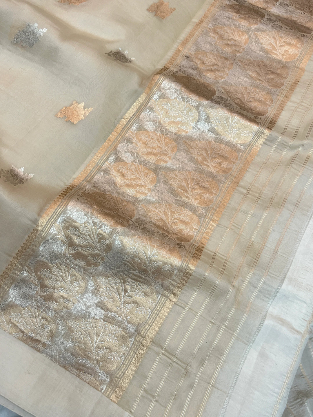 Cream Kora Silk Banarasi Saree with Sona Rupa Butis 