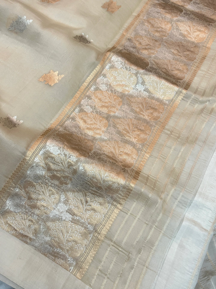Cream Kora Silk Banarasi Saree with Sona Rupa Butis 