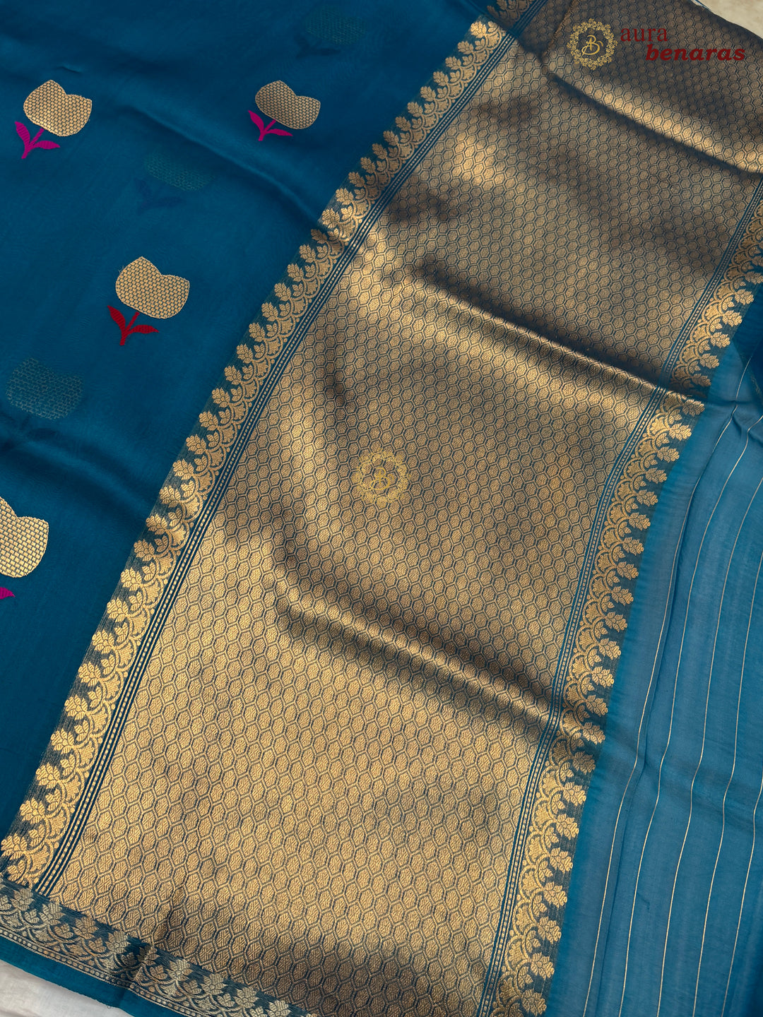 Teal Blue Kora Silk Banarasi Saree with Kadhwa Zari 