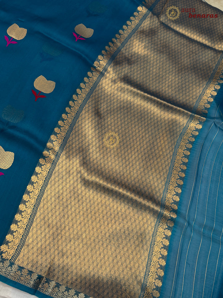 Teal Blue Kora Silk Banarasi Saree with Kadhwa Zari 