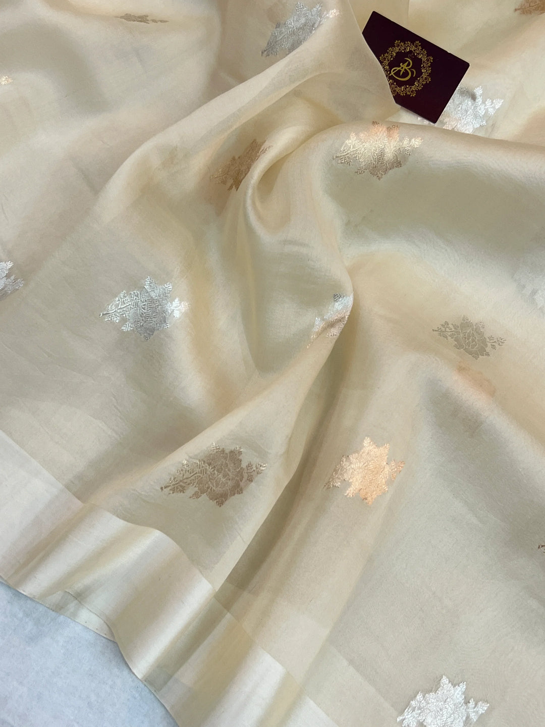 Cream Kora Silk Banarasi Saree with Sona Rupa Butis 