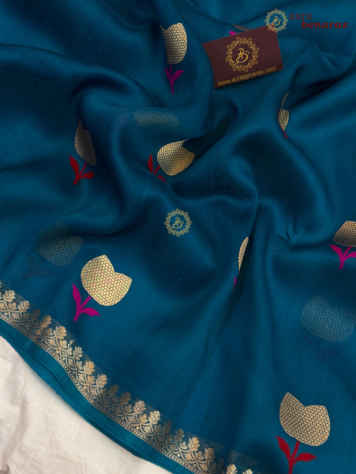 Teal Blue Kora Silk Banarasi Saree with Kadhwa Zari 