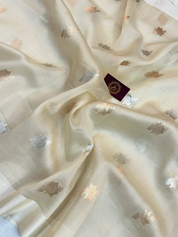 Cream Kora Silk Banarasi Saree with Sona Rupa Butis 