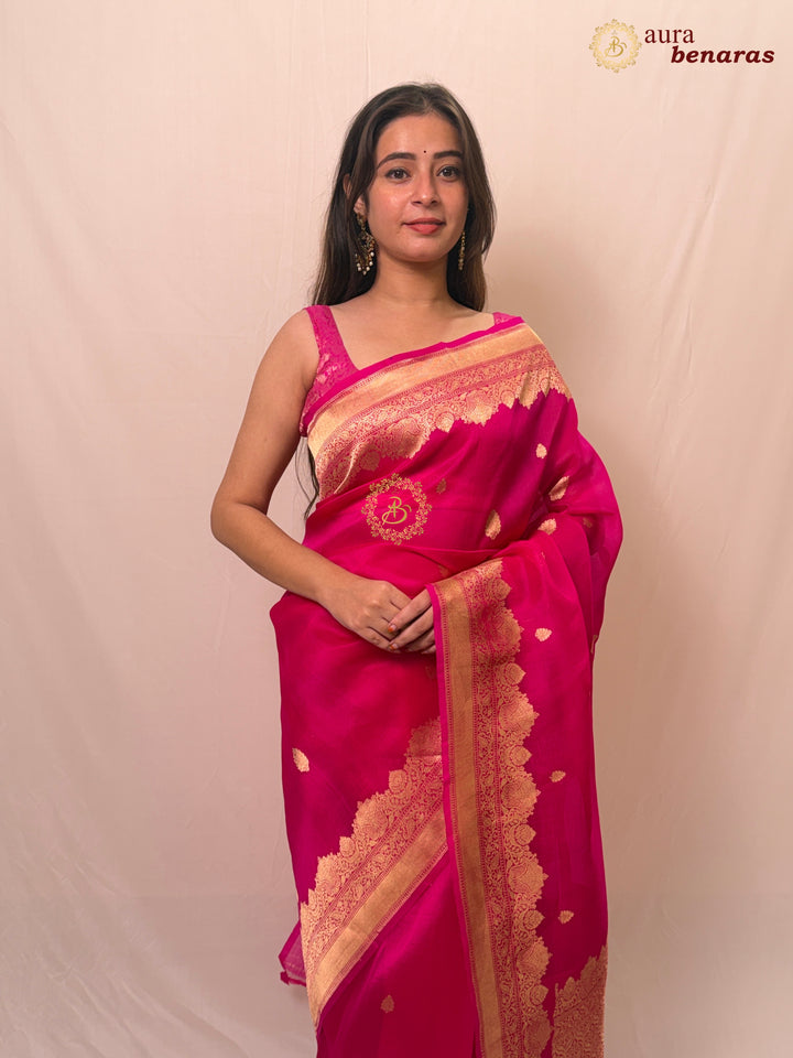 Rani Pink Pure Banarasi Handloom Kora Silk Saree