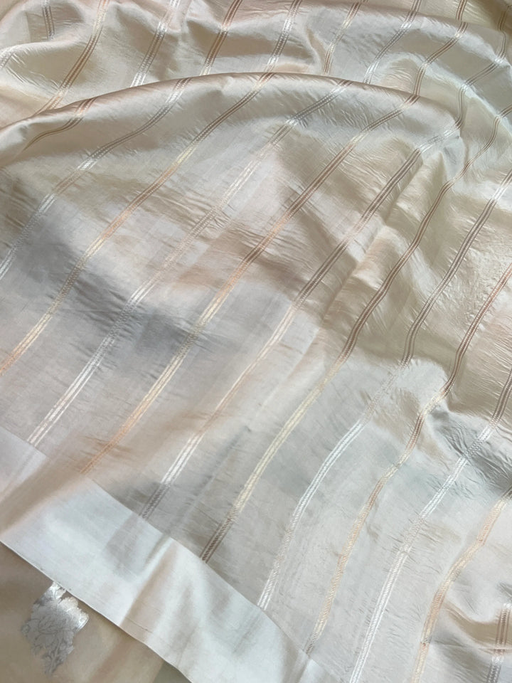 Cream Kora Silk Banarasi Saree with Sona Rupa Butis 