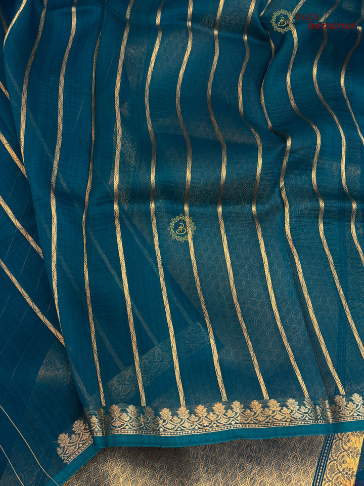 Teal Blue Kora Silk Banarasi Saree with Kadhwa Zari 