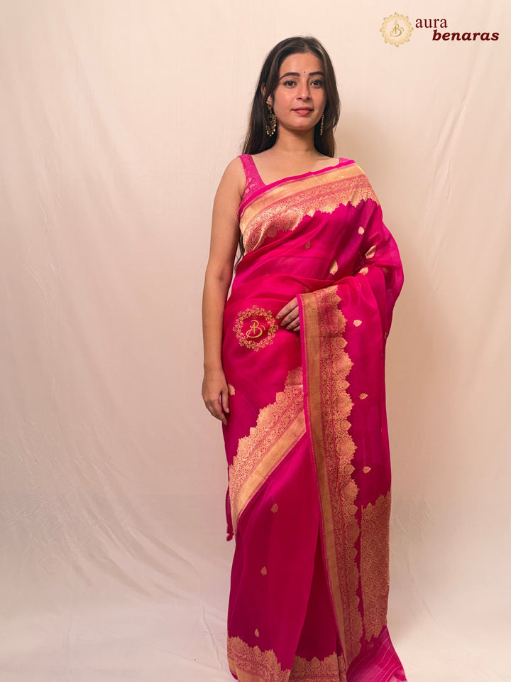 Rani Pink Pure Banarasi Handloom Kora Silk Saree