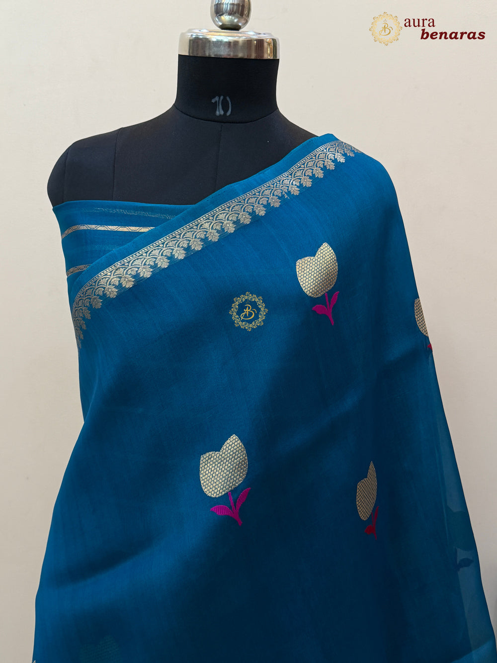 Teal Blue Kora Silk Banarasi Saree with Kadhwa Zari 