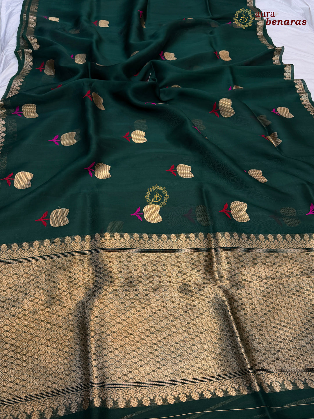 Bottle Green Kora Silk Banarasi Saree with Kadhwa Zari 