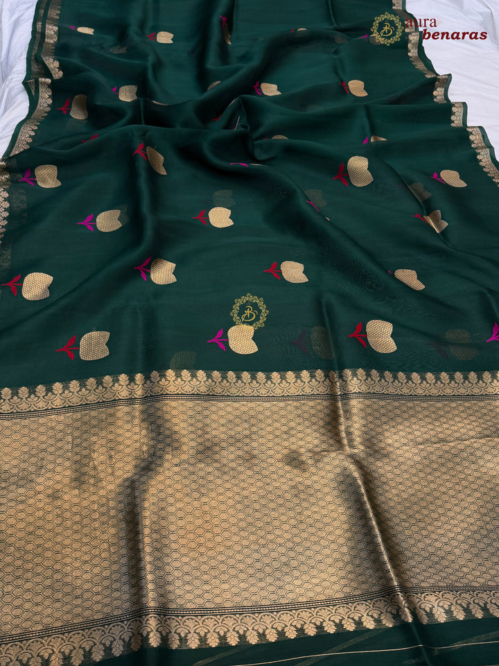 Bottle Green Kora Silk Banarasi Saree with Kadhwa Zari 
