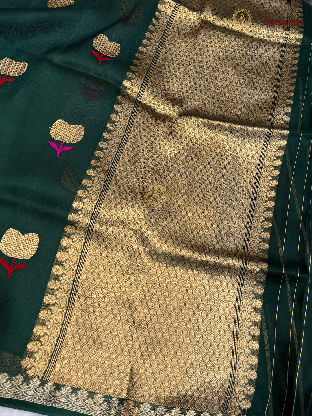 Bottle Green Kora Silk Banarasi Saree with Kadhwa Zari 