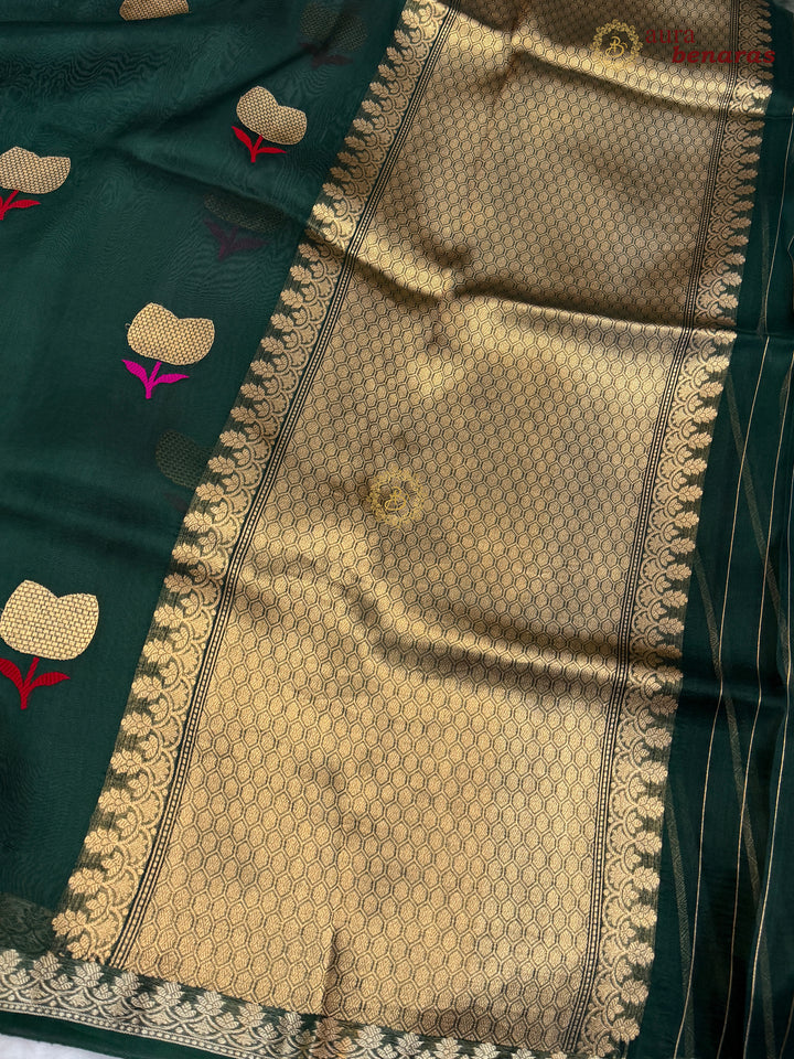 Bottle Green Kora Silk Banarasi Saree with Kadhwa Zari 