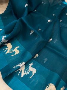 Rama Blue Banarasi Handloom Kora Silk Saree - Aura Benaras