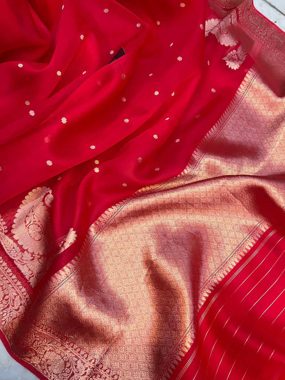 Red Pure Kora Silk Banarasi Saree with Zari Butis & Konia