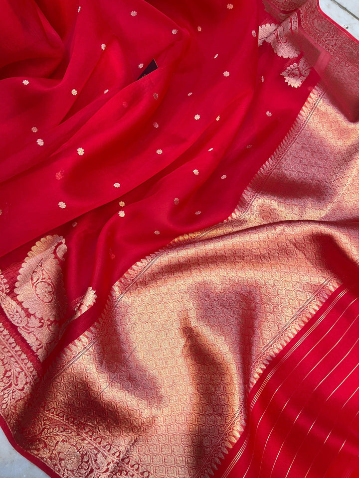 Red Pure Kora Silk Banarasi Saree with Zari Butis & Konia