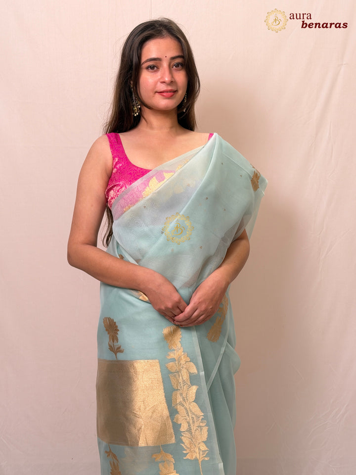 Pani Blue Pure Banarasi Handloom Kora Silk Saree