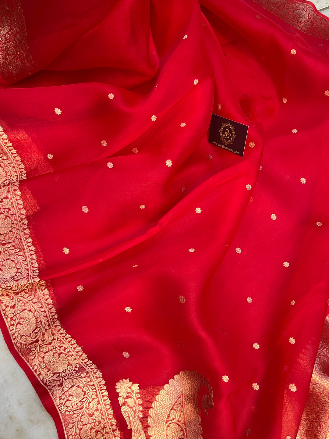 Red Pure Kora Silk Banarasi Saree with Zari Butis & Konia