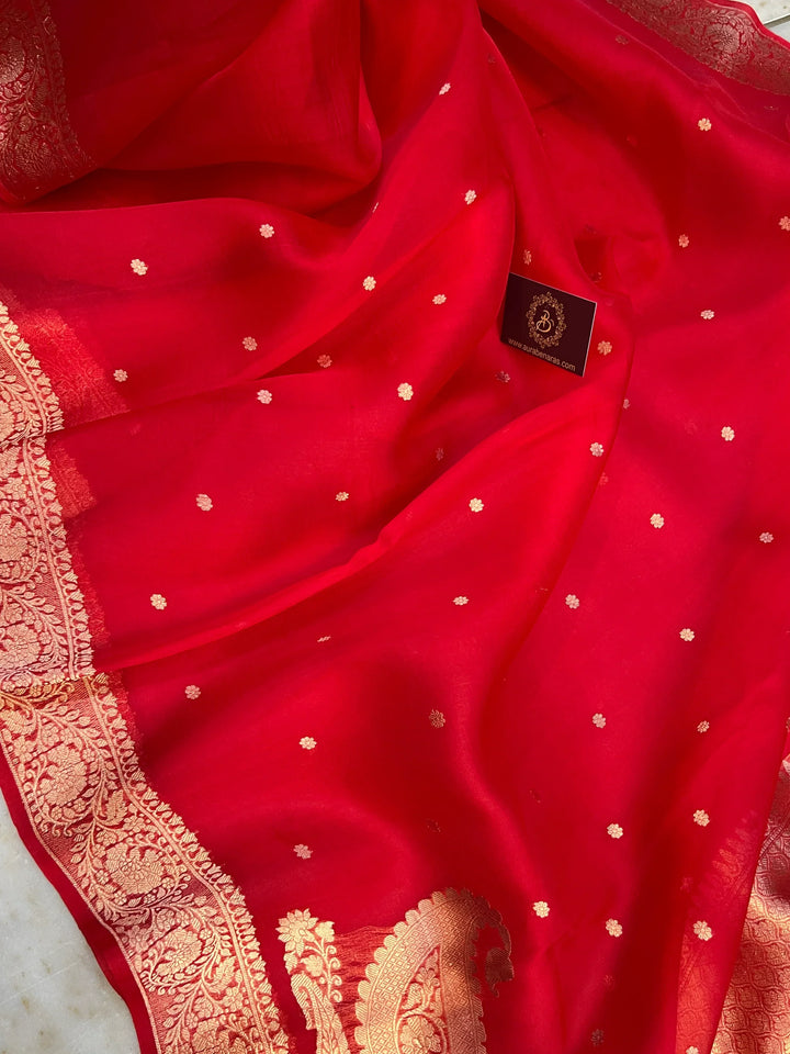 Red Pure Kora Silk Banarasi Saree with Zari Butis & Konia
