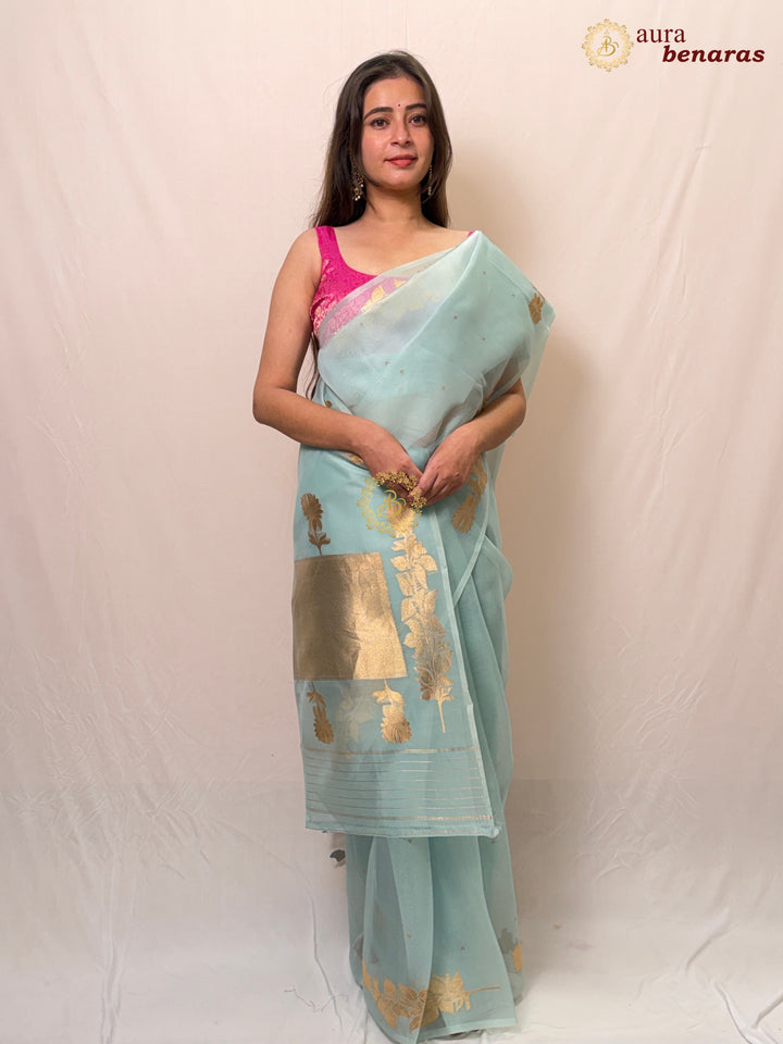 Pani Blue Pure Banarasi Handloom Kora Silk Saree